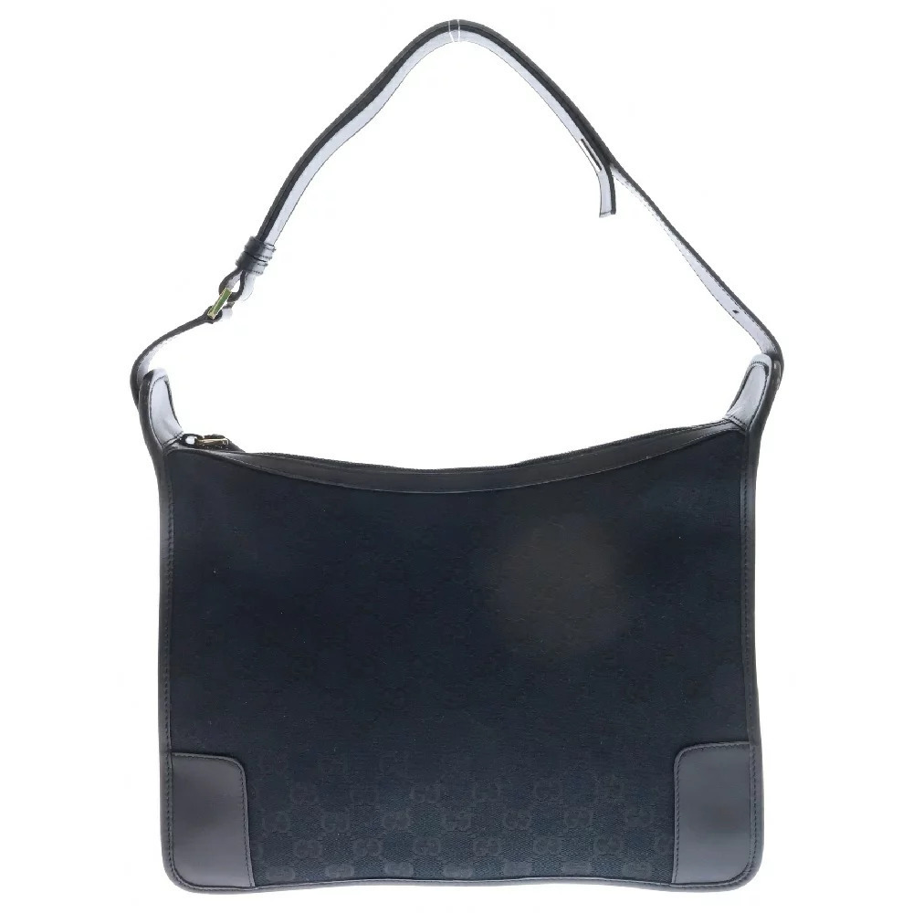 GUCCI GG Canvas One Shoulder Hobo Bag Black Leather